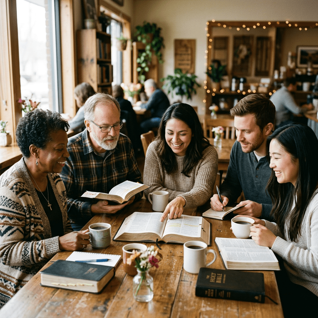 Five people studying the Bible together at a wooden table with coffee mugs