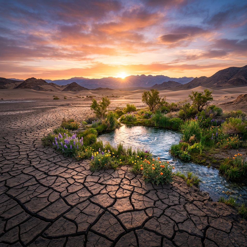 Desert oasis with small pond surrounded by wildflowers and cracked dry earth at sunrise