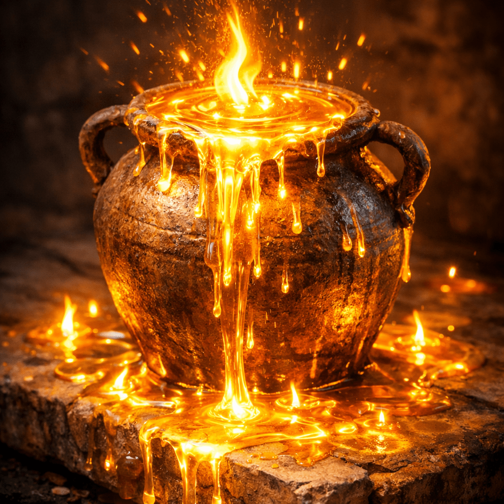 Molten gold overflowing and dripping from an ancient clay pot onto stone