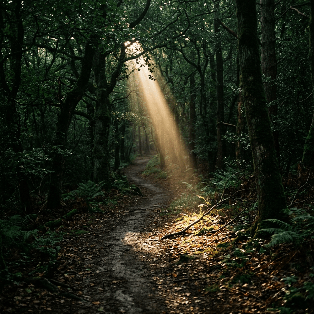 Forest path illuminated by a beam of sunlight through dense trees
