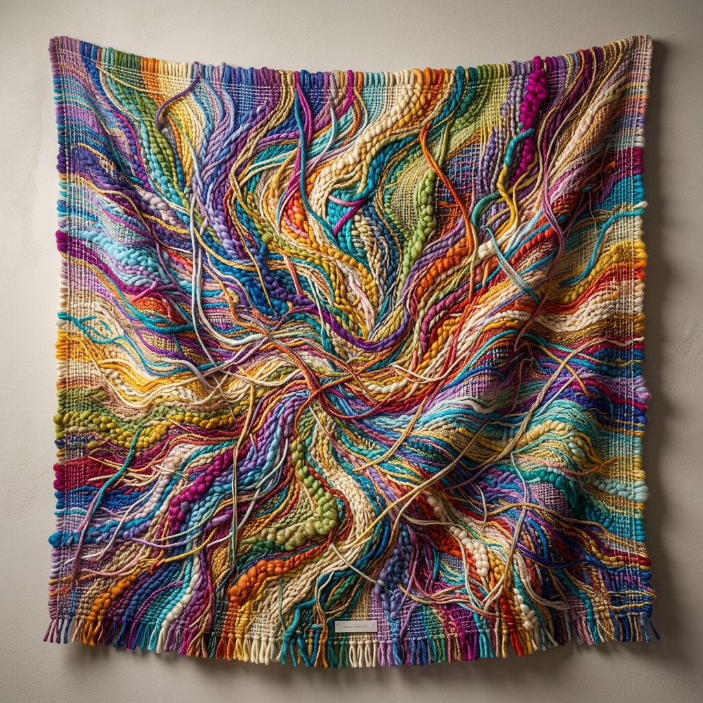 Colorful woven textile artwork with flowing and intertwined yarn strands