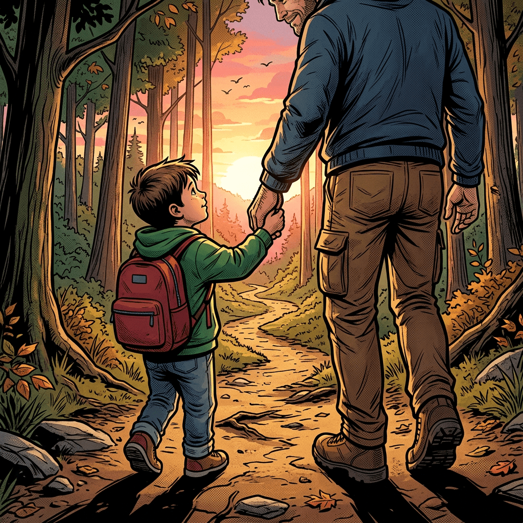 Young boy with backpack holding hands with adult walking a forest path at sunset
