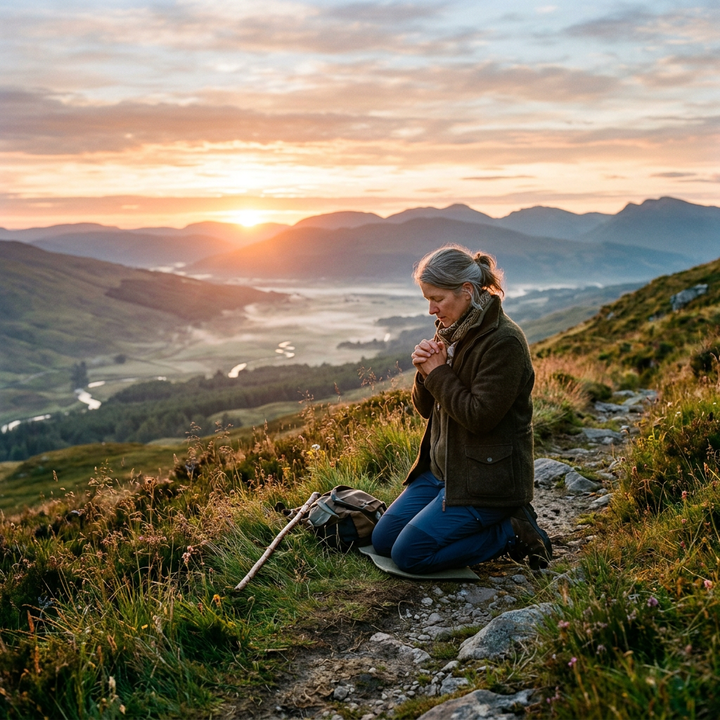 Woman kneeling and meditating outdoors at sunrise with scenic mountains