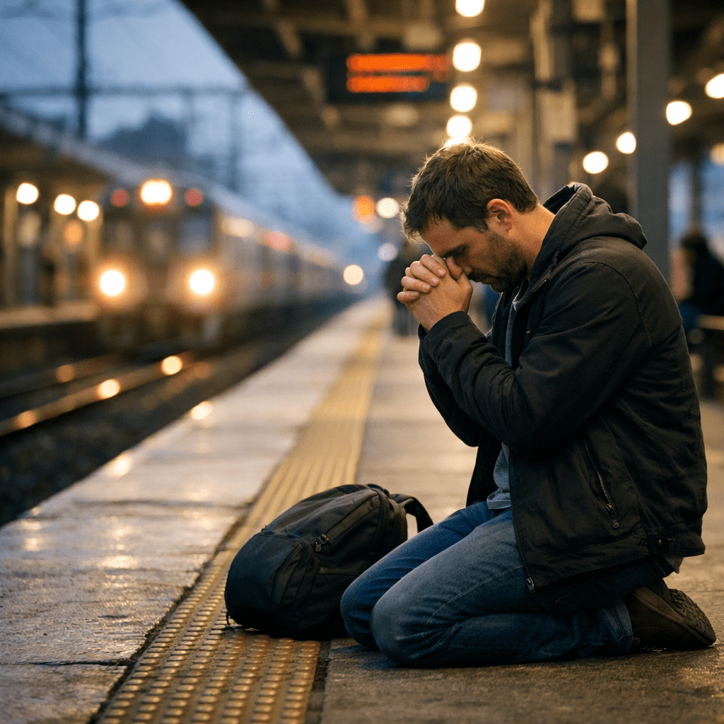 Man kneeling and praying on train station platform with backpack