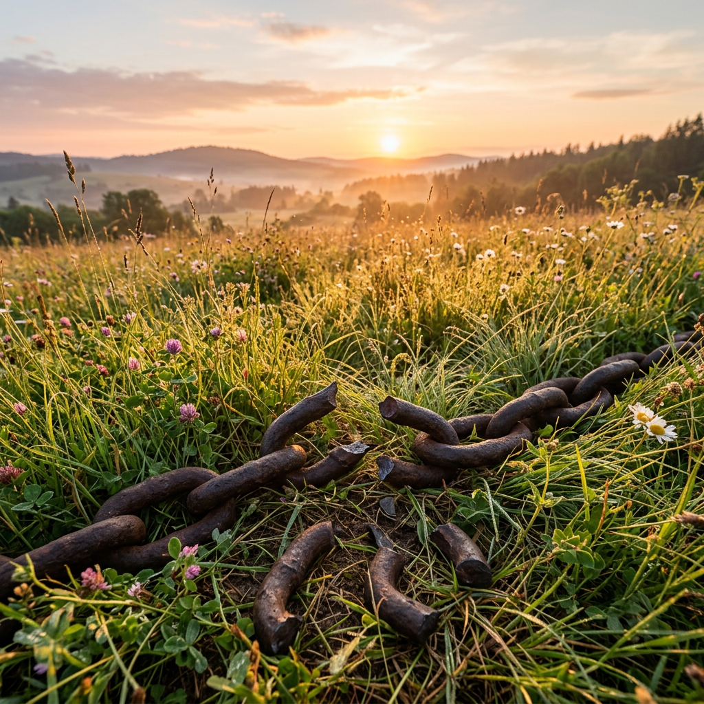 Broken rusty chain links on grass and wildflowers in a meadow
