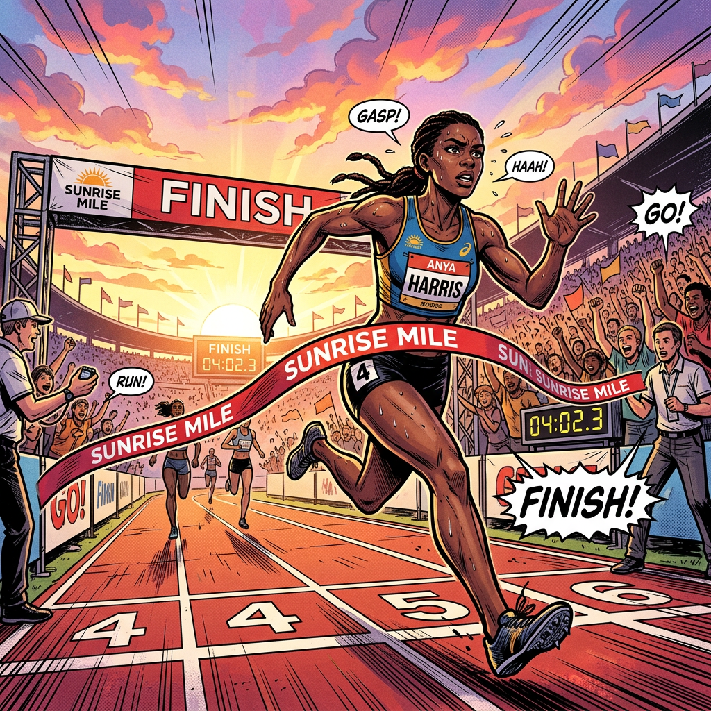 Female runner Anya Harris crossing finish line at Sunrise Mile race