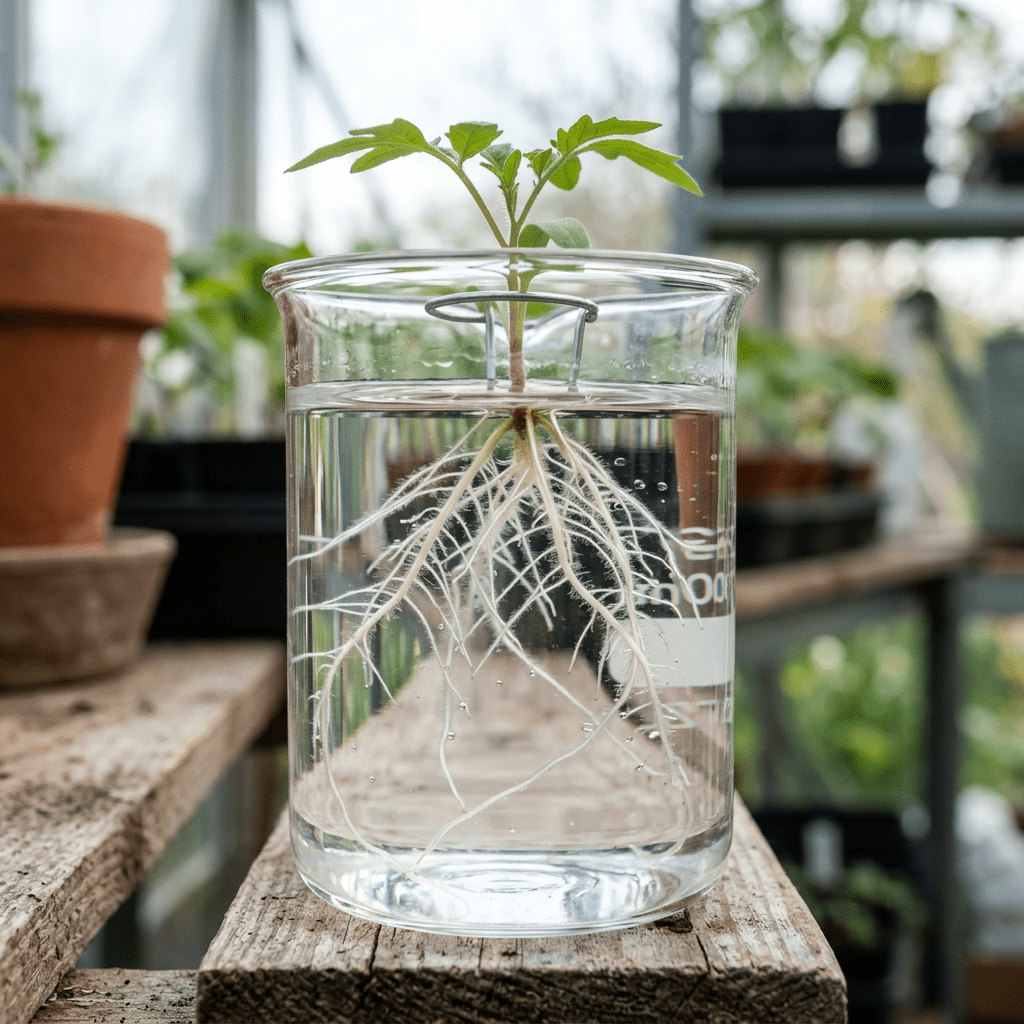 Green seedling with developed white roots suspended in a water-filled clear glass beaker