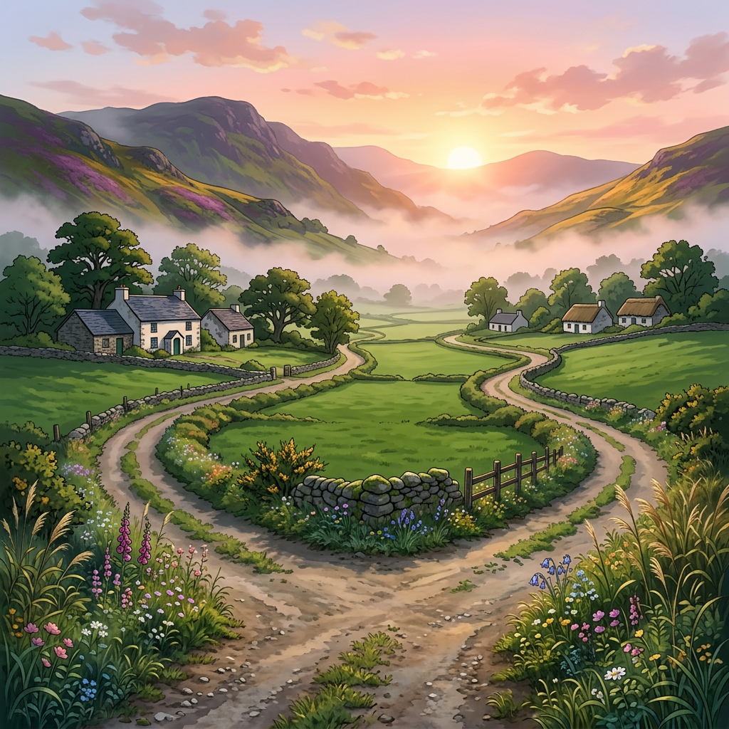 Misty rural landscape at sunrise with diverging dirt paths, traditional houses, and signposts