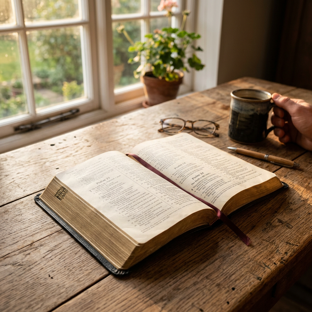 Open Bible on wooden table with reading glasses and coffee mug
