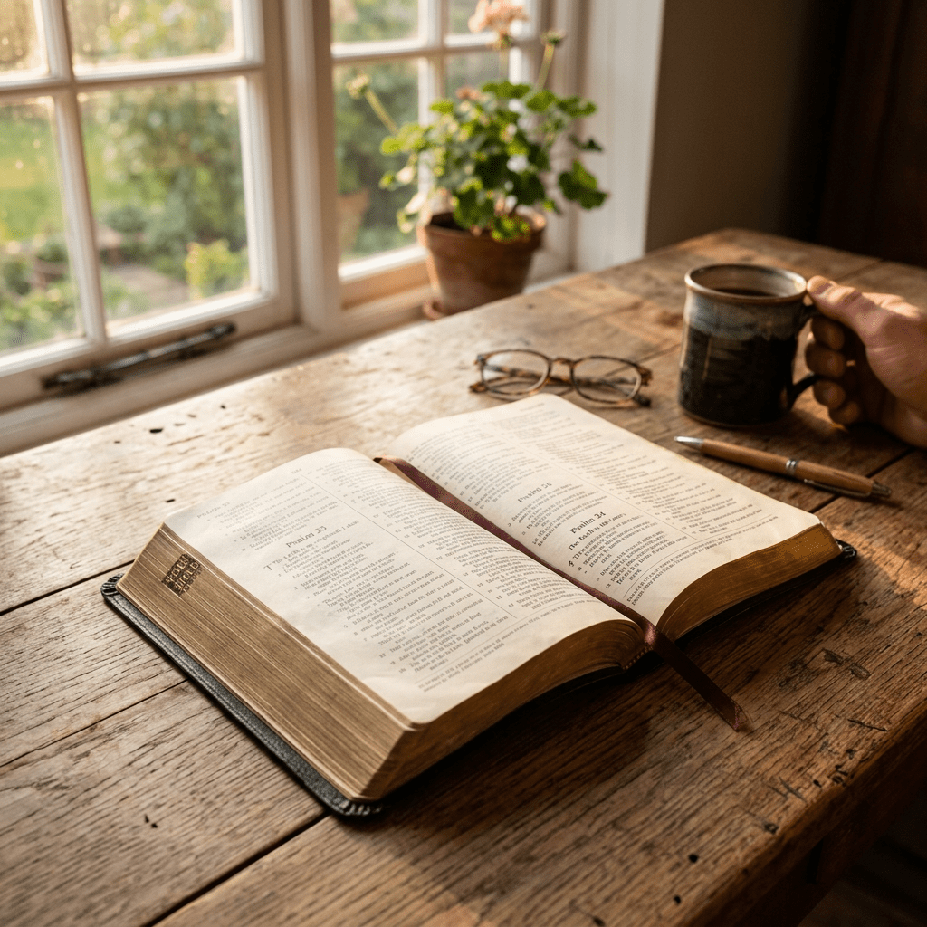 Open Bible on wooden table with reading glasses and coffee mug