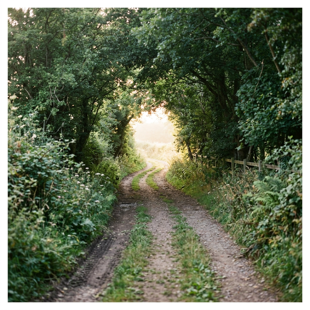 Dirt path through dense green trees with sunlight in the background