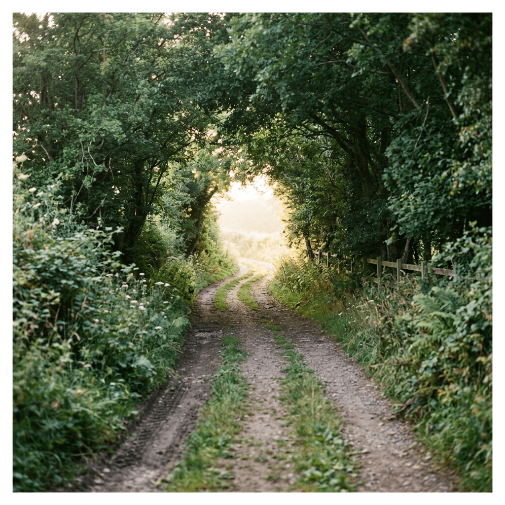 Dirt path through dense green trees with sunlight in the background