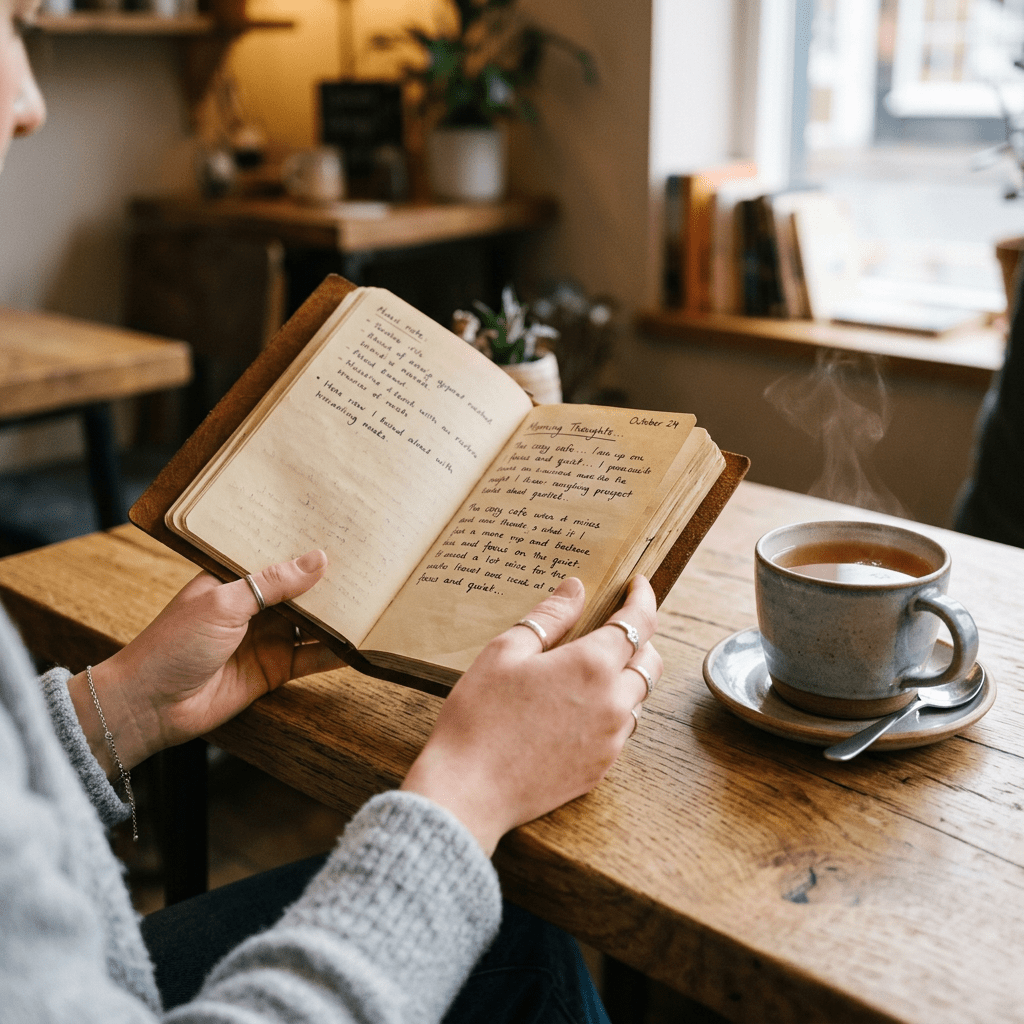 Person holding an open handwritten journal near a steaming cup of tea on a wooden table