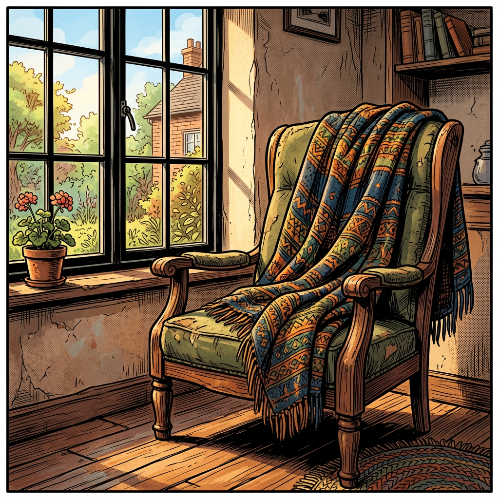 Vintage wooden armchair with green cushion and patterned blanket near window overlooking garden