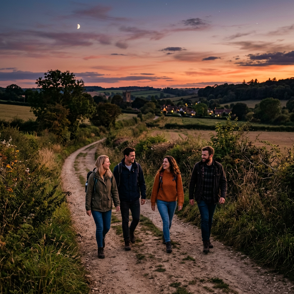 Four people walking on a countryside dirt path during sunset, surrounded by fields and trees.