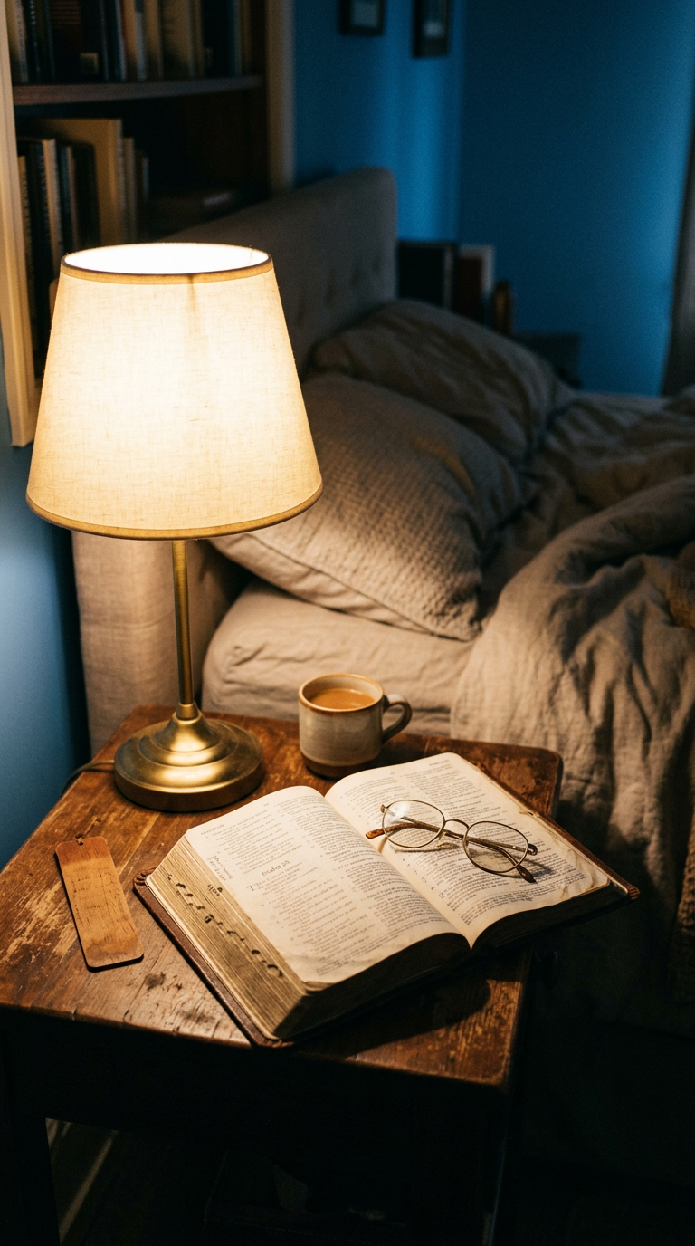 Bedside table with lamp, open book with glasses, and coffee cup next to bed.