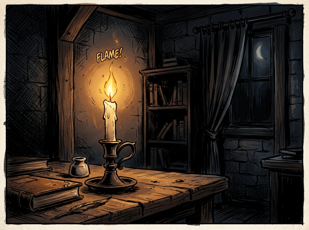 Lit candle on wooden table in a dark study room with books and a crescent moon visible through the window