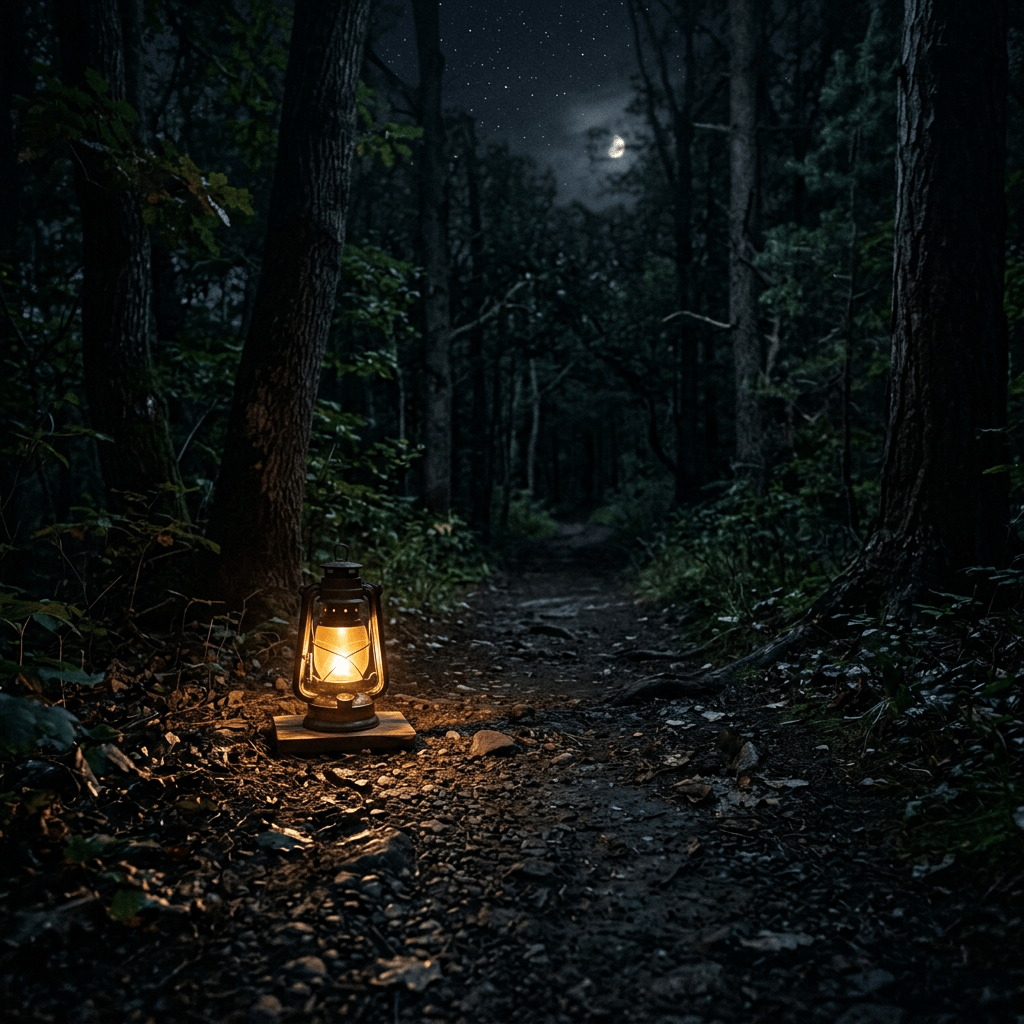 Lit lantern on the ground lighting a nighttime forest path