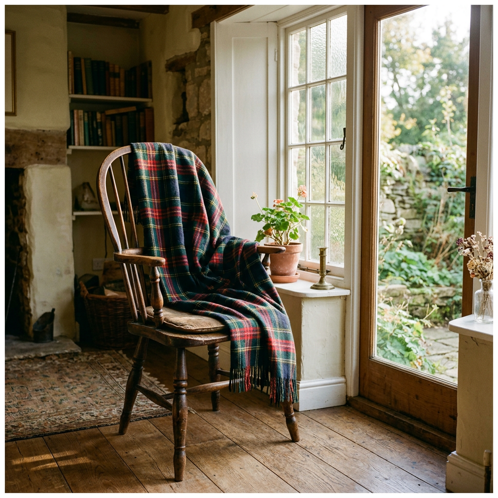 Wooden chair with plaid blanket next to window overlooking garden