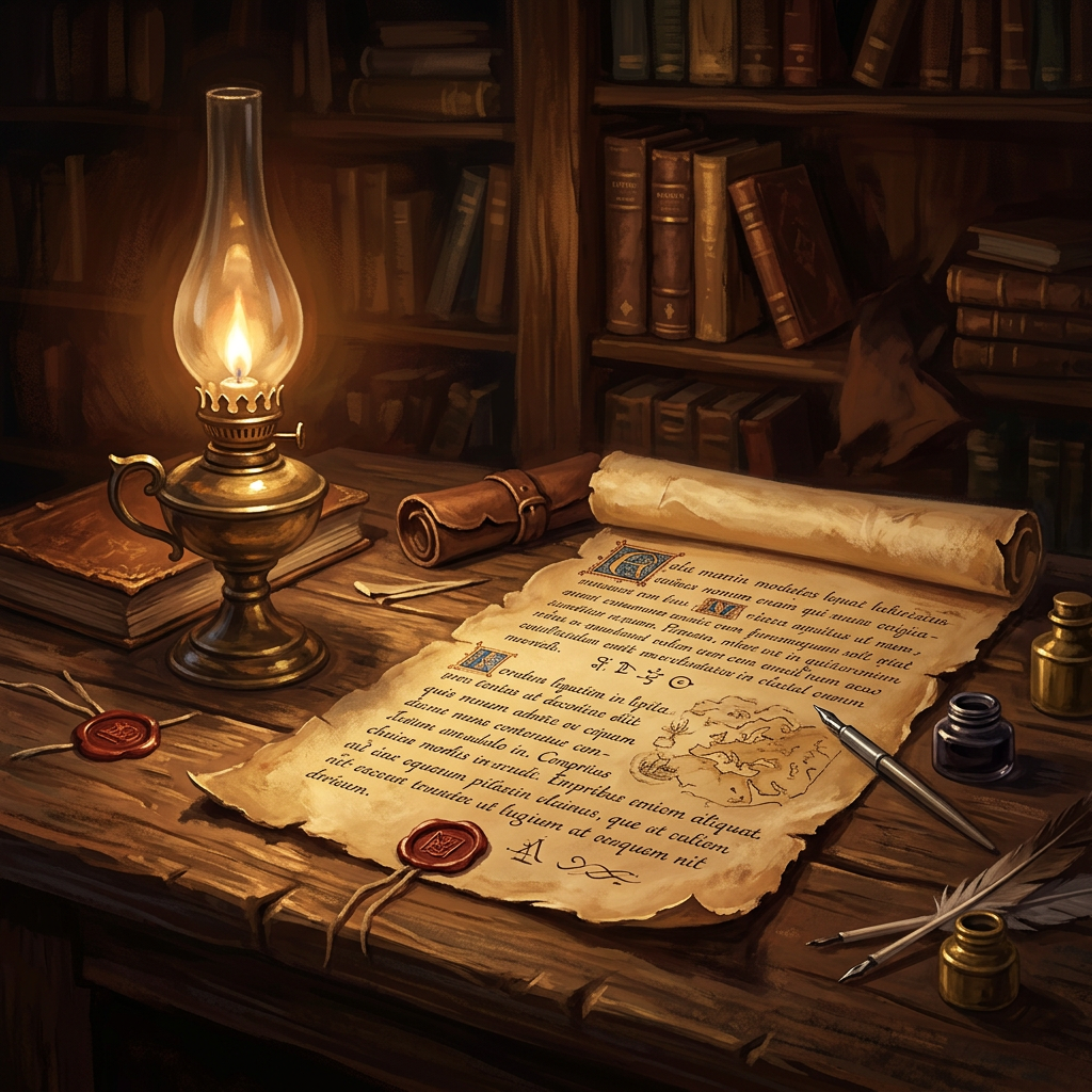 Old wooden desk with parchment, oil lamp, ink pots, quills, and books