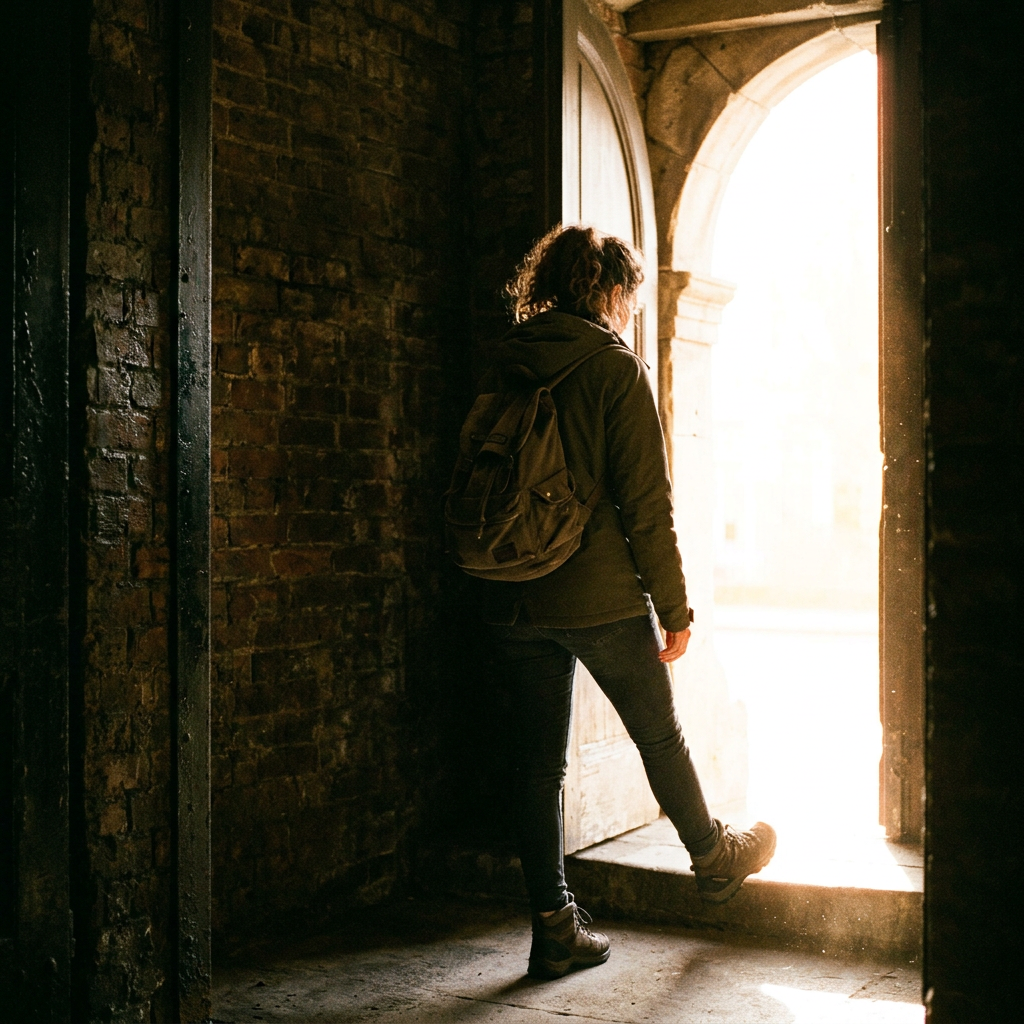 Person with backpack stepping through arched doorway into bright light