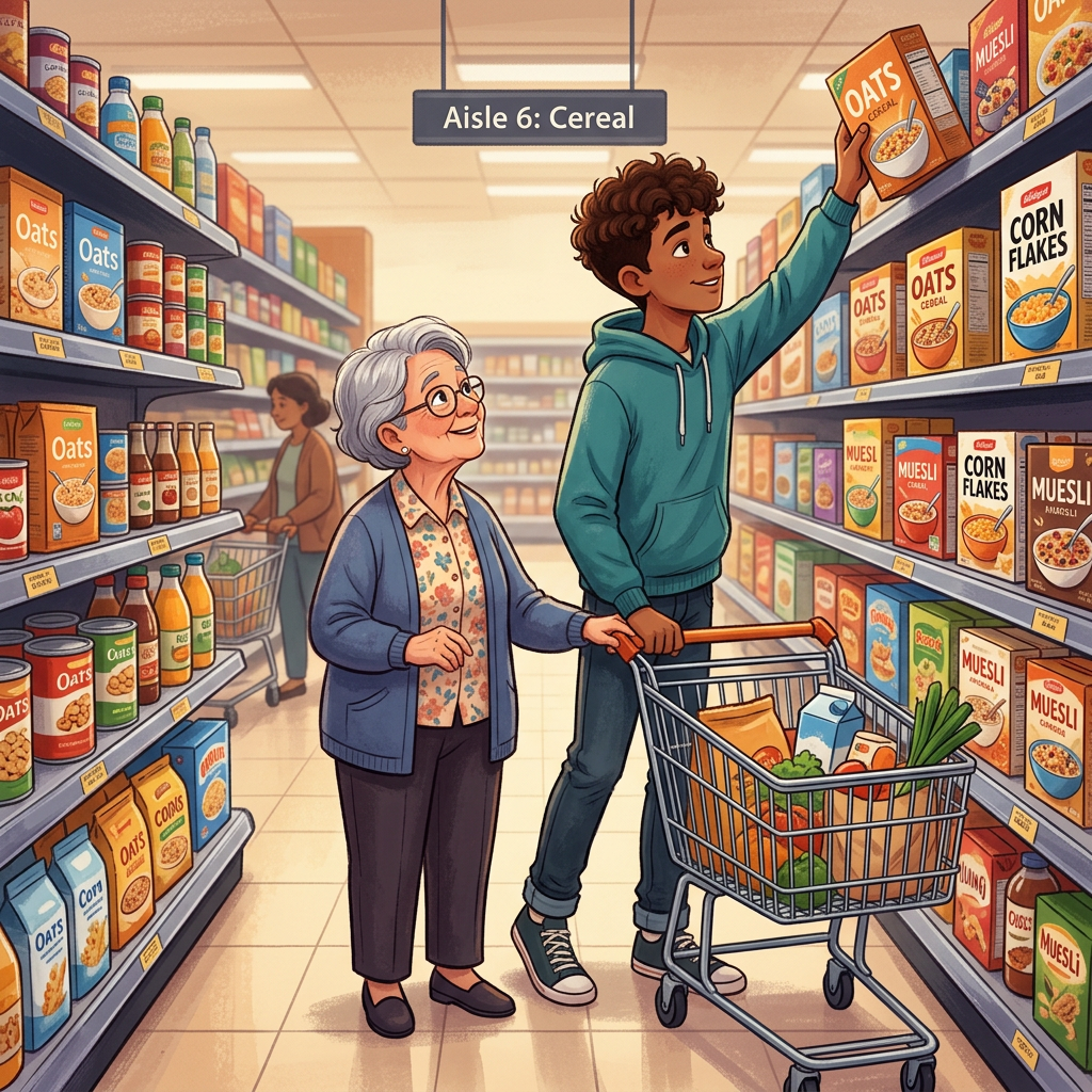 Teenager helping elderly person reach supermarket shelf
