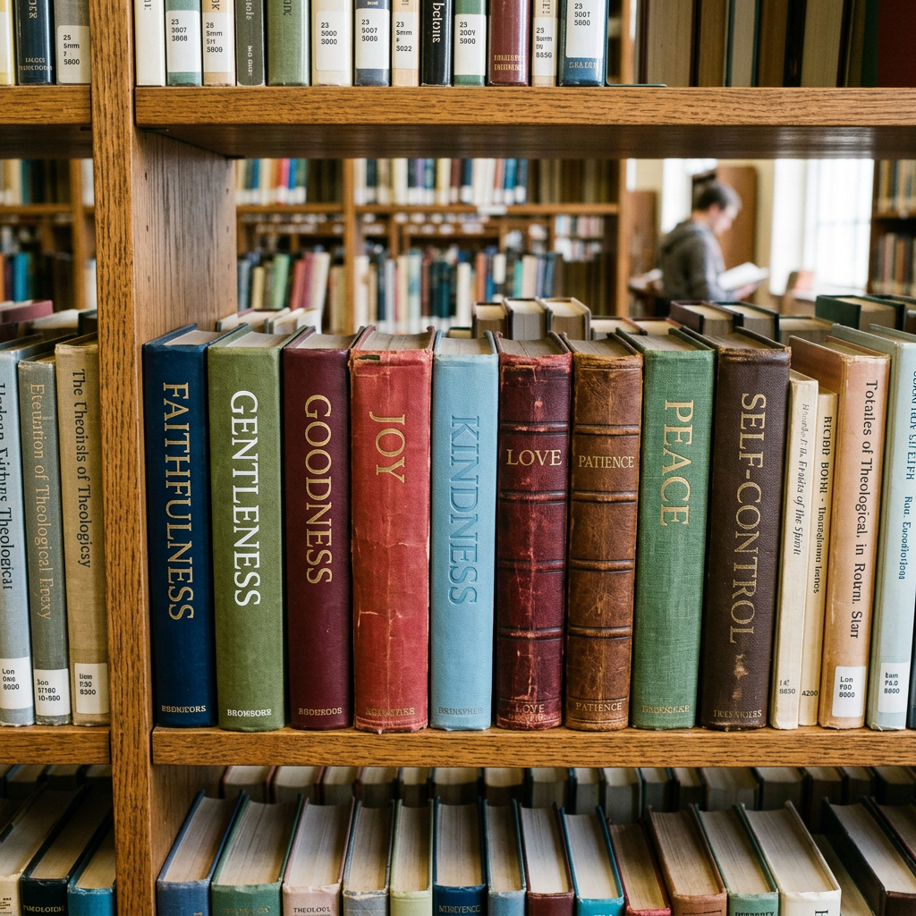 Books on virtues including faithfulness, gentleness, goodness, joy, kindness, love, patience, peace, and self-control