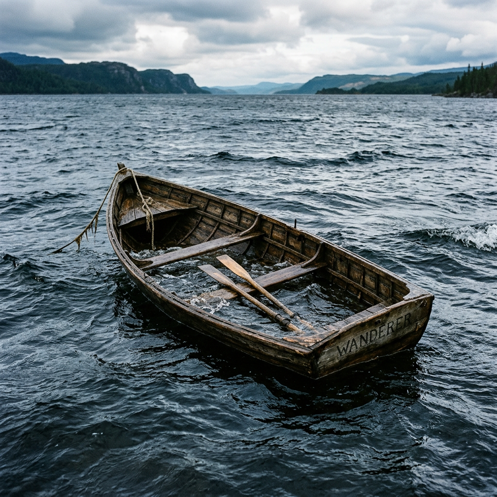 Sinking wooden rowboat in open water
