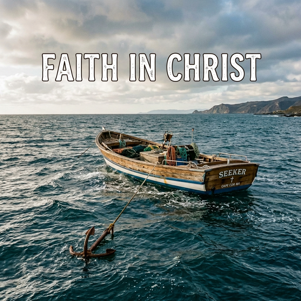 Wooden boat named Seeker anchored in ocean with American flag and 'Faith in Christ' text above