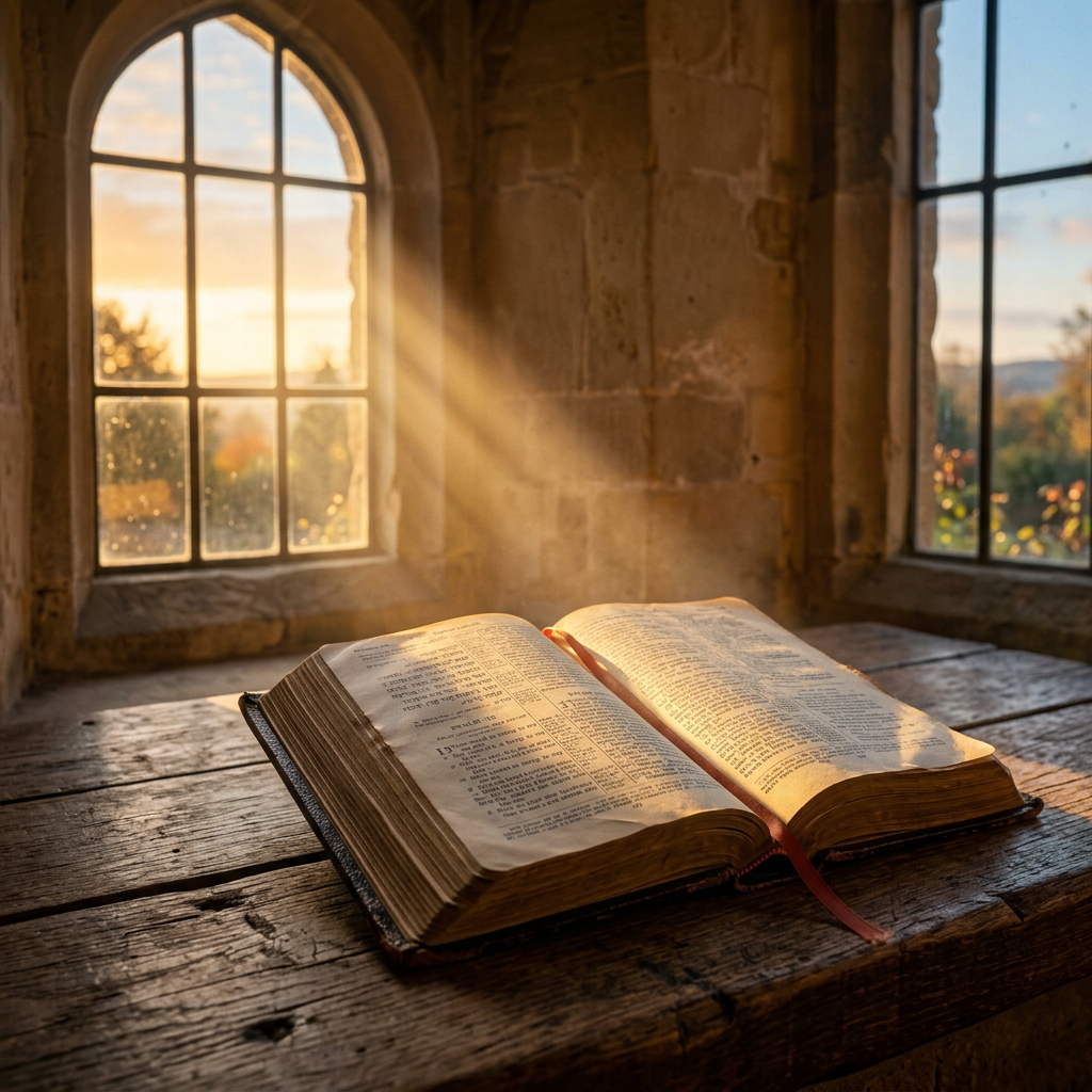 Open book on wooden table with sunlight shining through arched windows