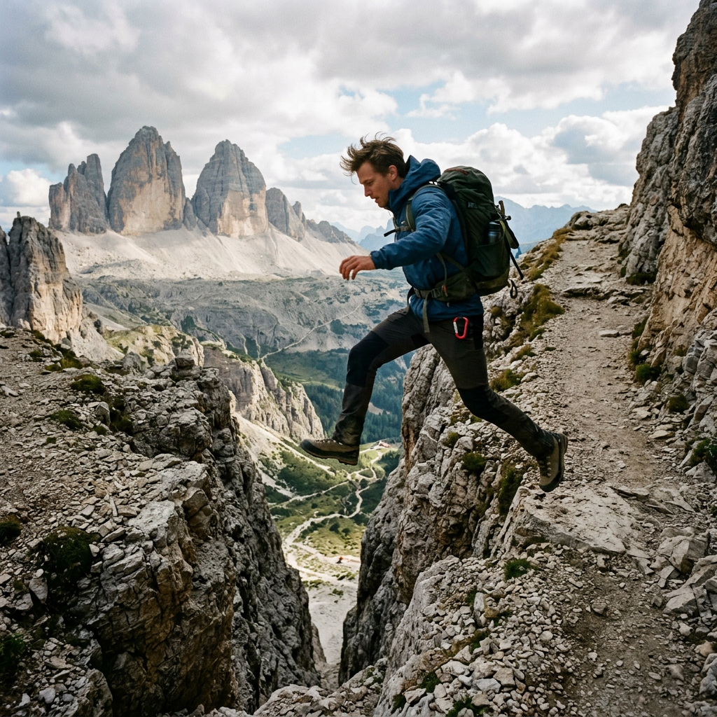 Person leaping over hole on narrow mountain path
