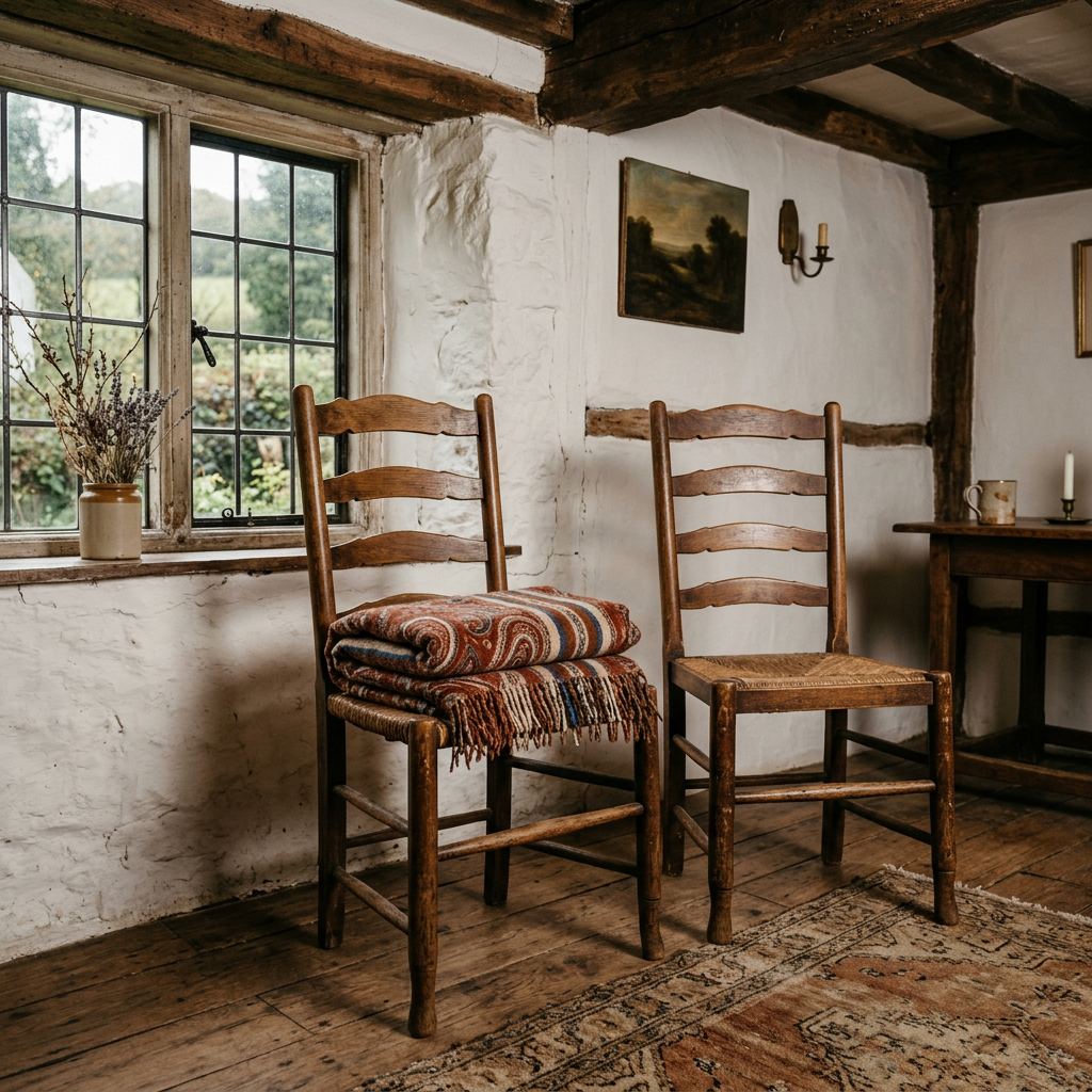 Two wooden chairs beside a window, one holding a folded patterned blanket
