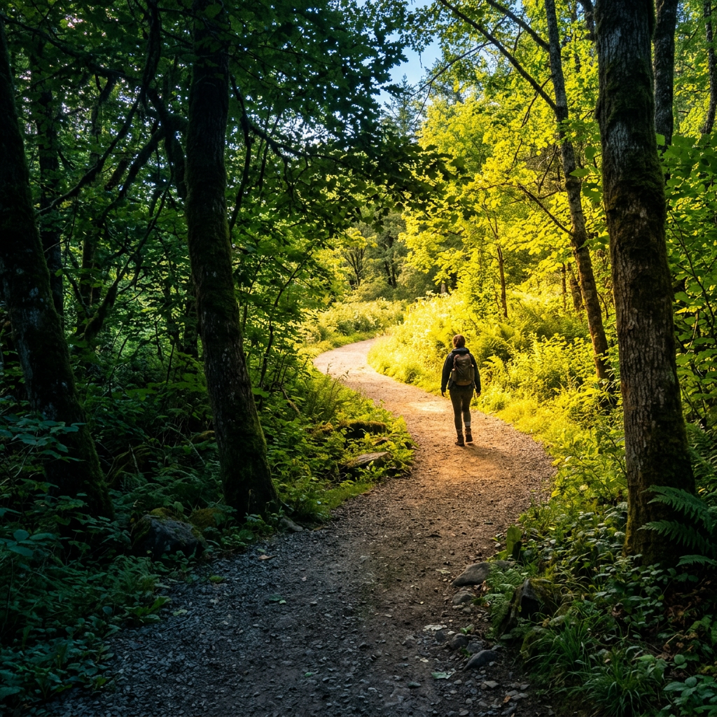 Hiker walking along a sunlit forest trail
