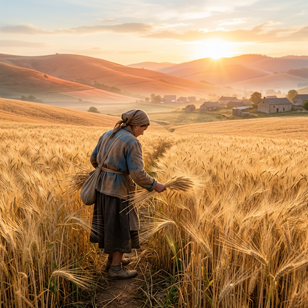 Farmer gathering wheat in a golden field at sunrise
