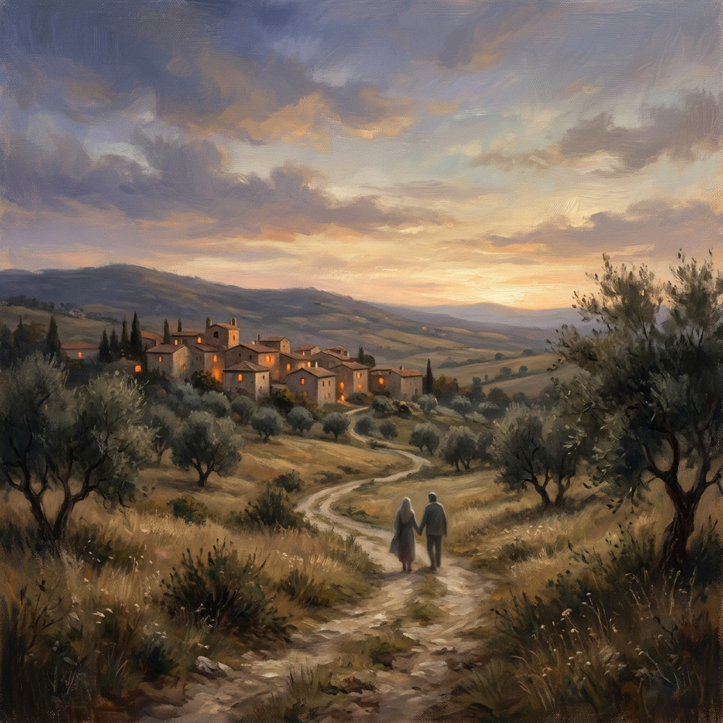 Two figures walking toward a warmly lit village