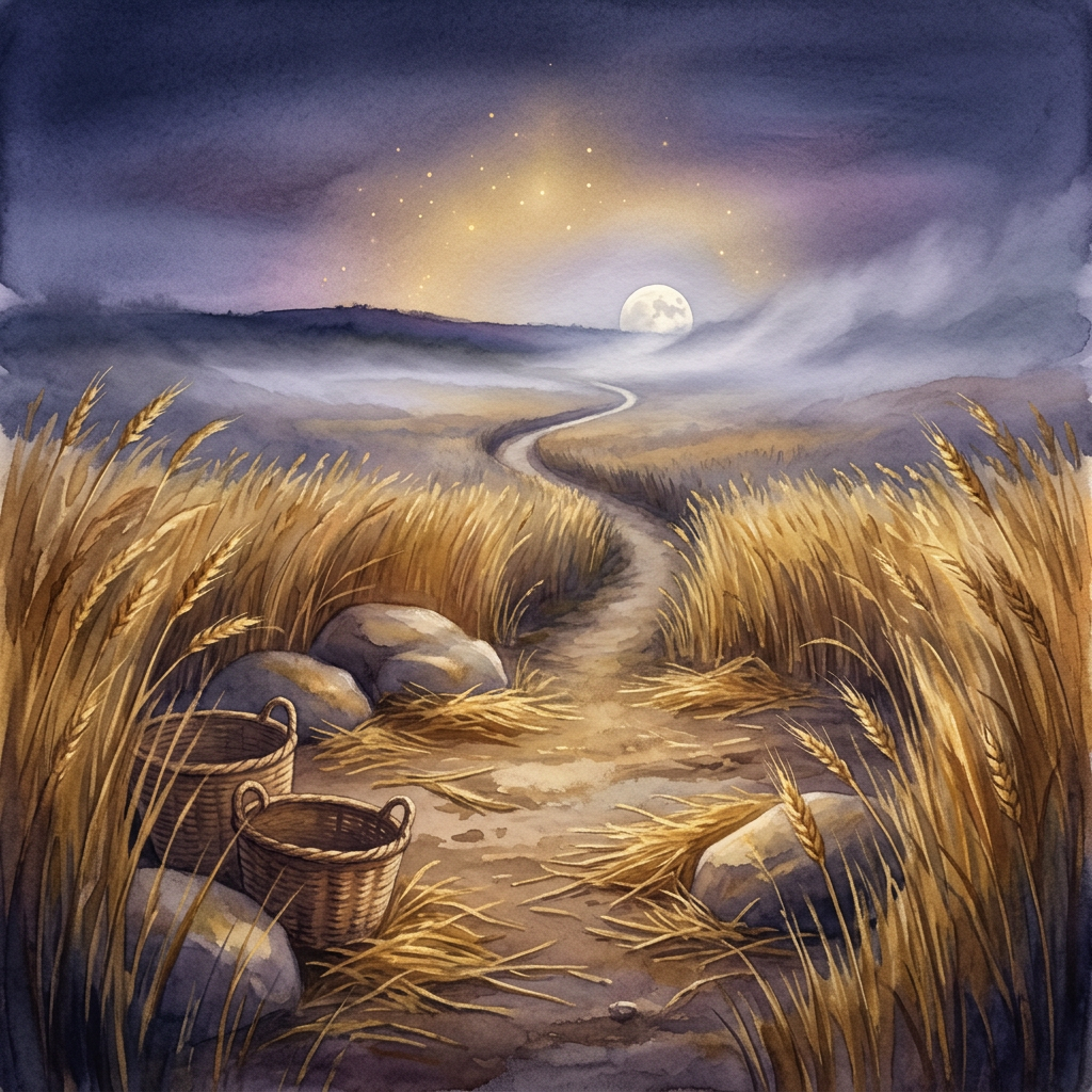 Moonlit path winding through golden wheat fields with baskets and scattered grain