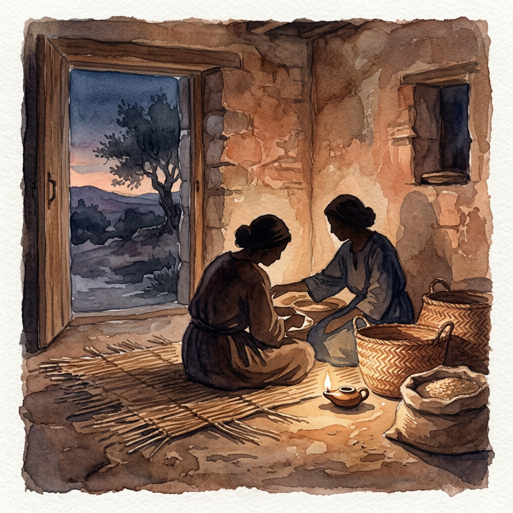 Two women sharing food beside baskets in a rustic home at sunset