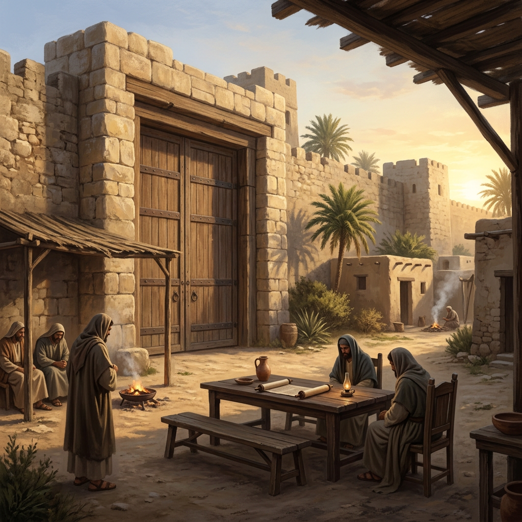 Cloaked villagers gather around a table in an ancient desert fortress village