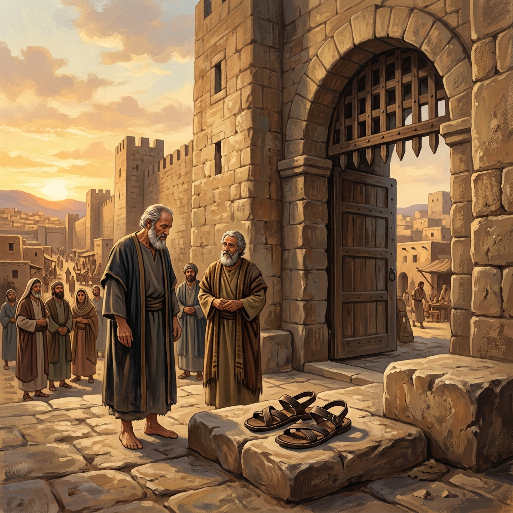 Two robed men stand barefoot beside sandals outside an ancient city gate
