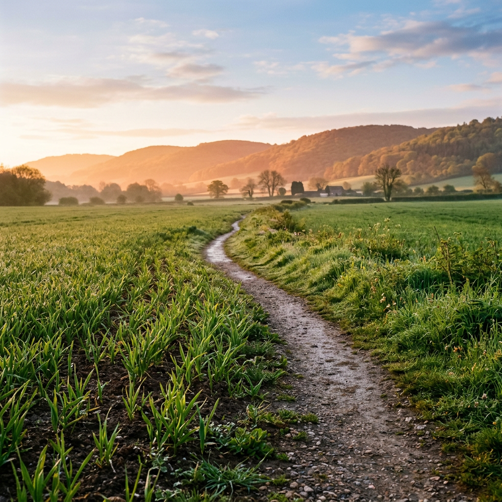 Dirt path winding through green fields toward sunlit hills and a farmhouse