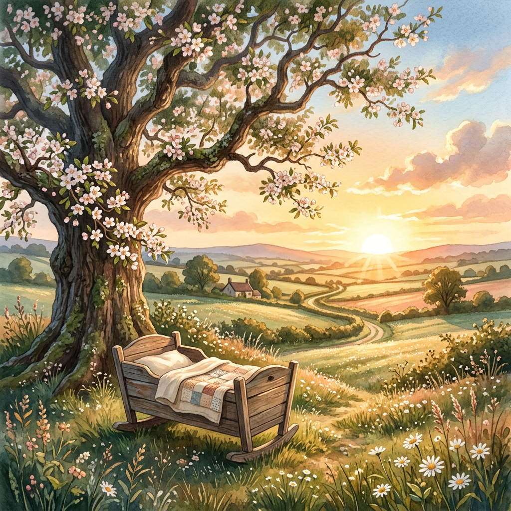 Wooden cradle beneath a blossoming tree overlooking sunlit countryside
