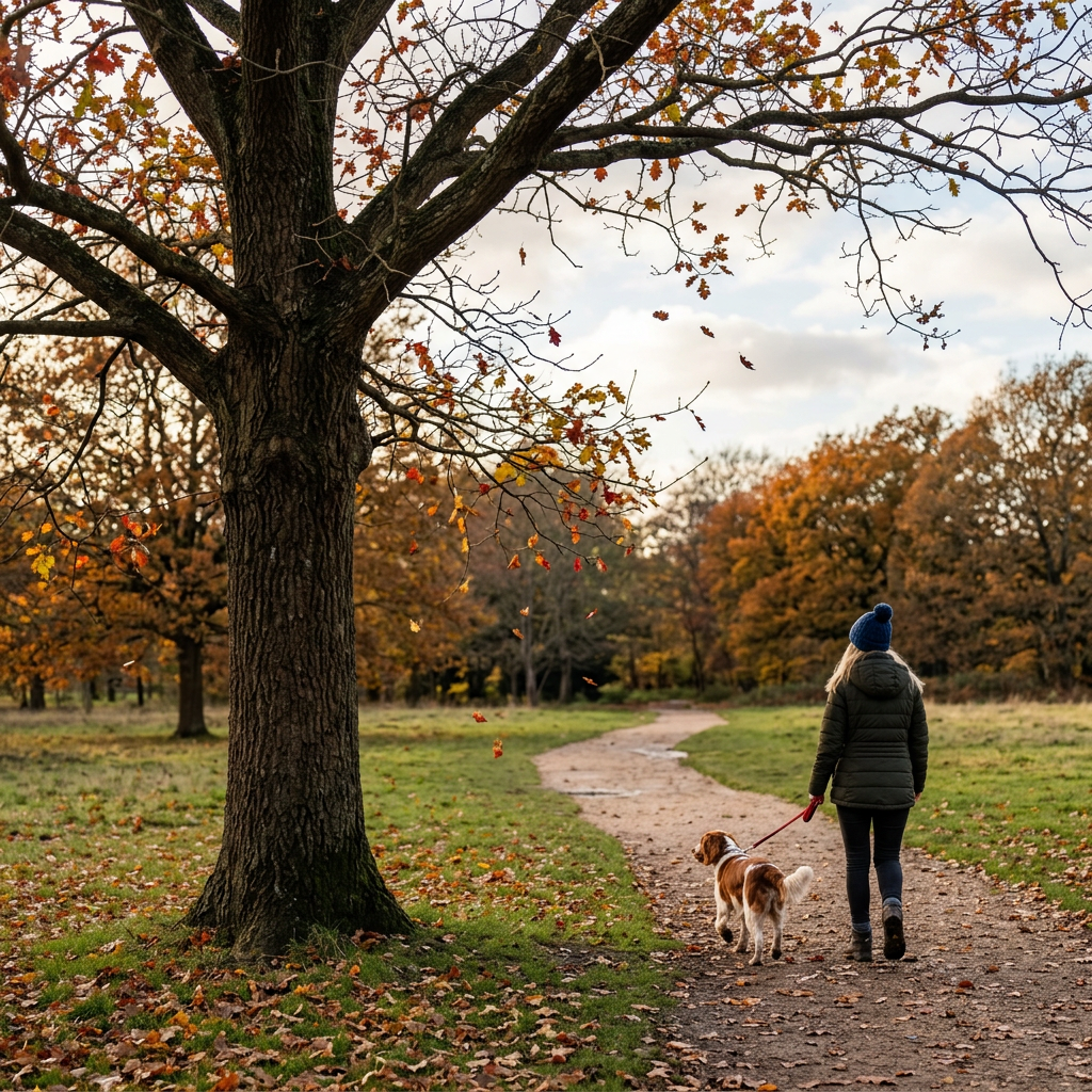 Woman walking a dog along a leaf-strewn autumn park path
