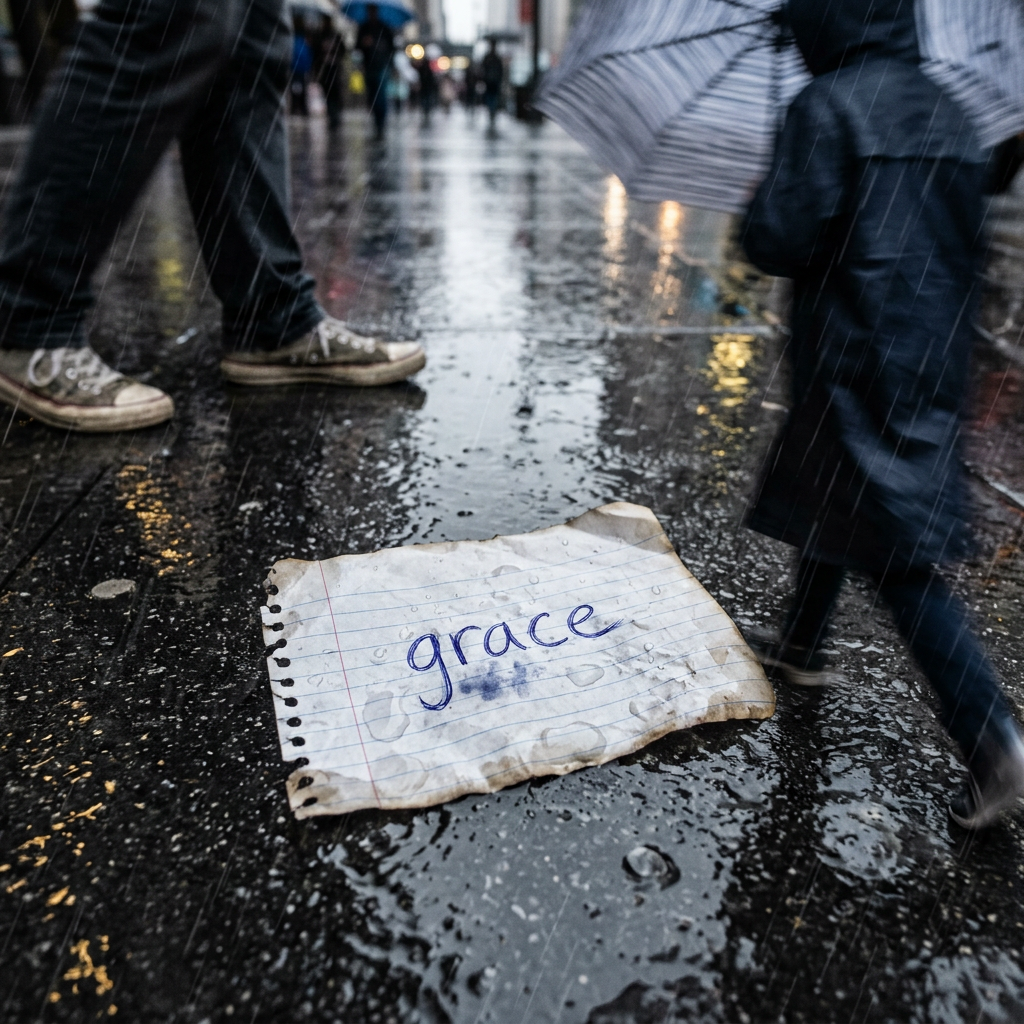 Wet handwritten note reading “grace” on a rainy sidewalk