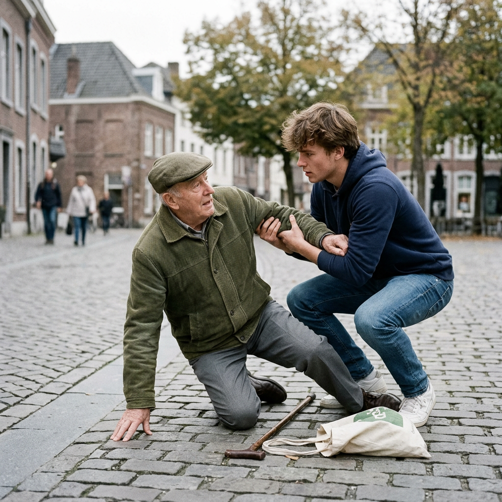 Young man helping an older man stand