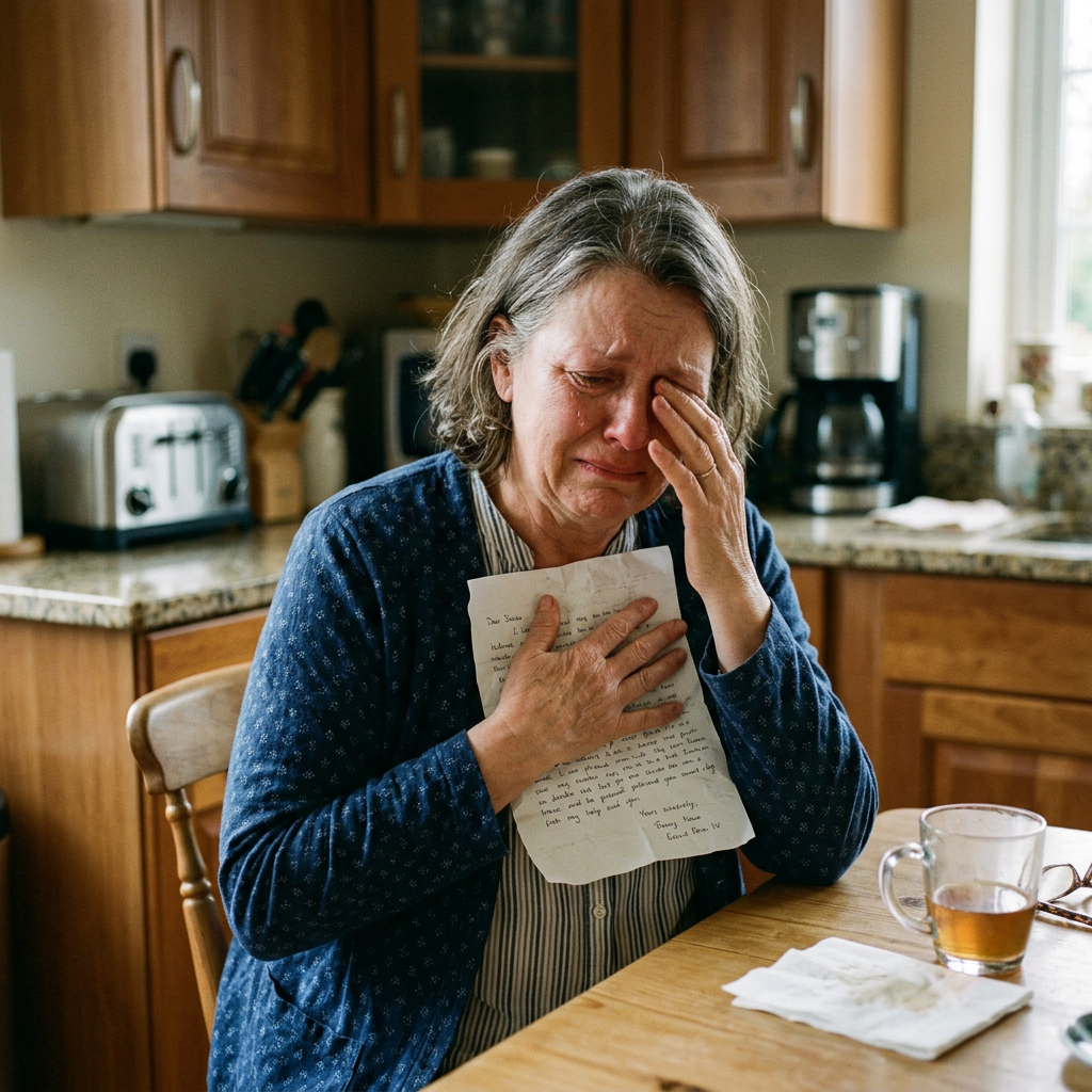 Woman crying while holding a handwritten letter in a kitchen