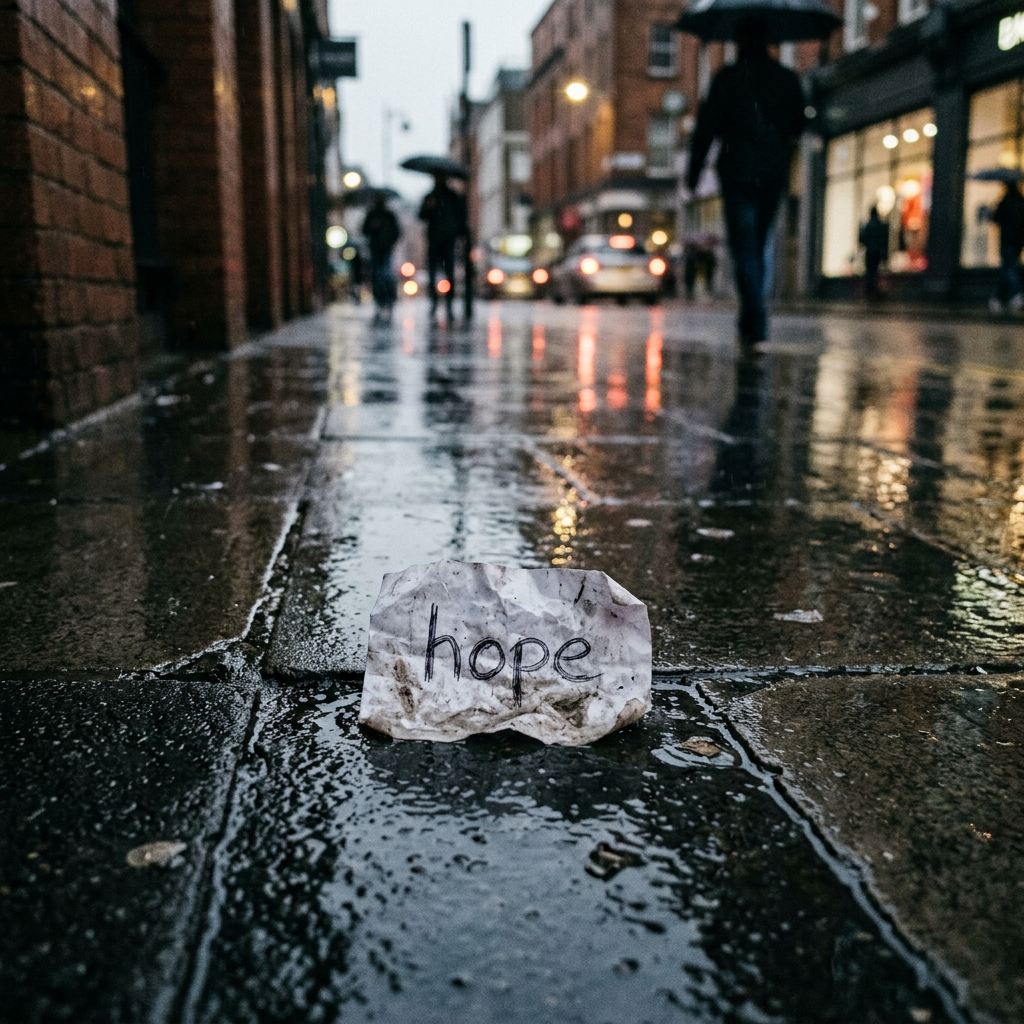 Crumpled note reading “hope” on a rainy city sidewalk